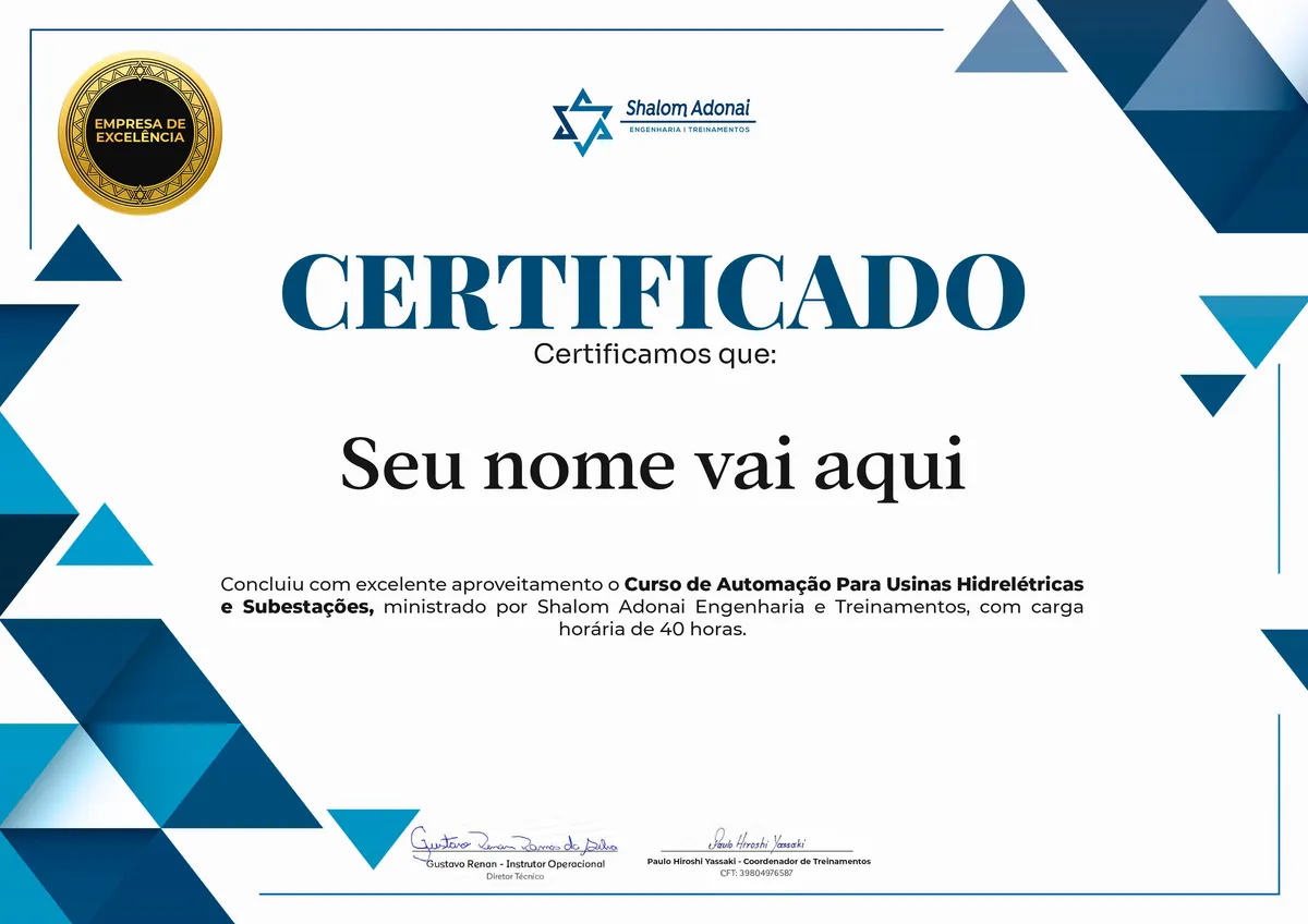 Certificado de conclusão do curso Curso de Automação para Usinas Hidrelétricas e Subestações