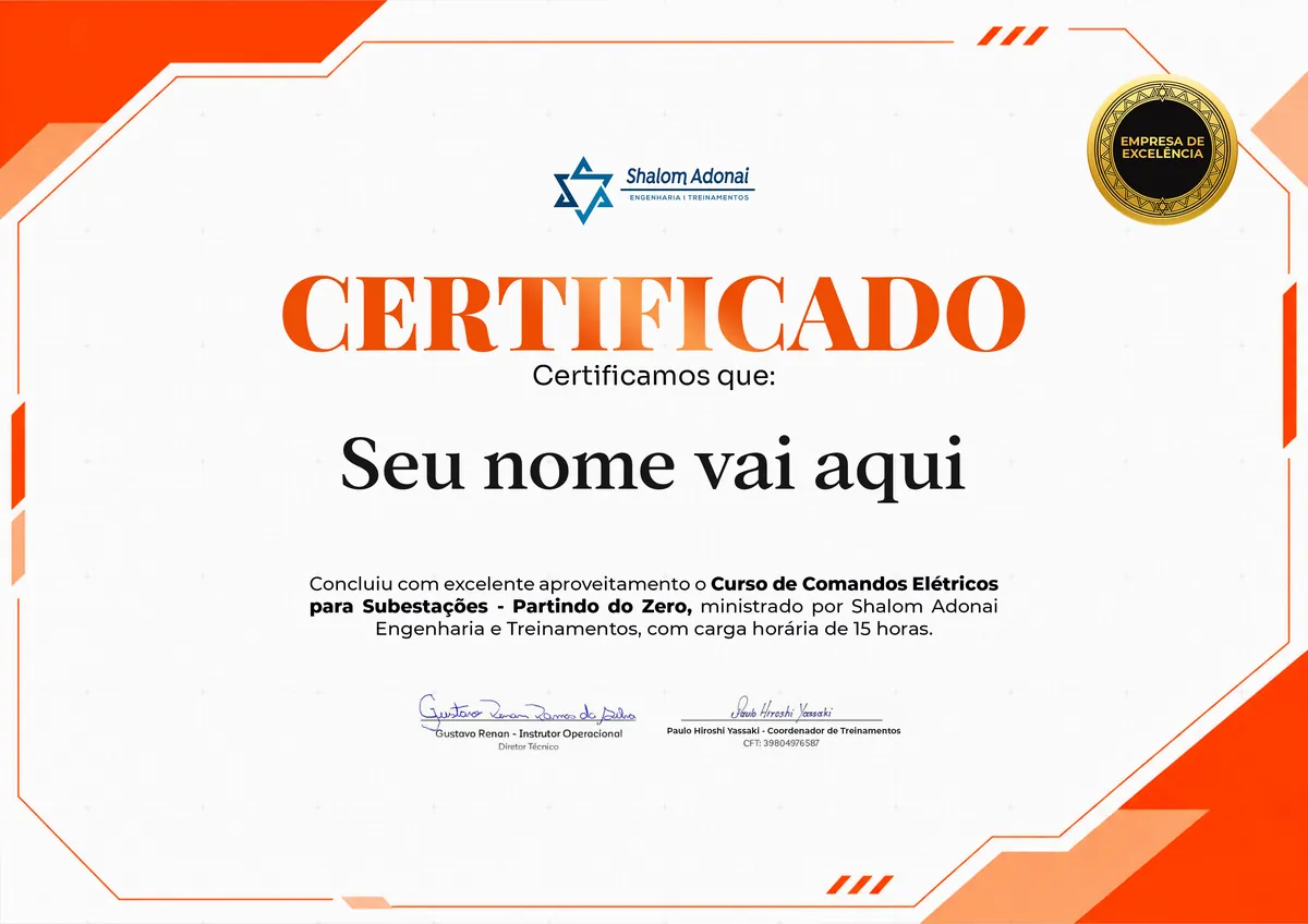 Certificado de conclusão do curso Curso de Comandos Elétricos para Subestações – Partindo do Zero