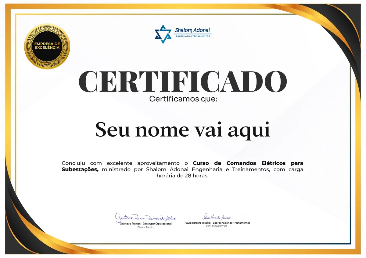 Certificado de conclusão do curso Curso de Comandos Elétricos para Subestações