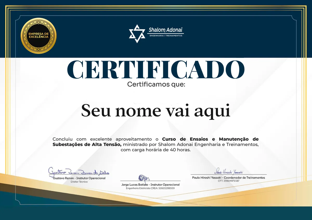 Certificado de conclusão do curso Curso de Ensaios e Manutenção de Subestações de Alta Tensão