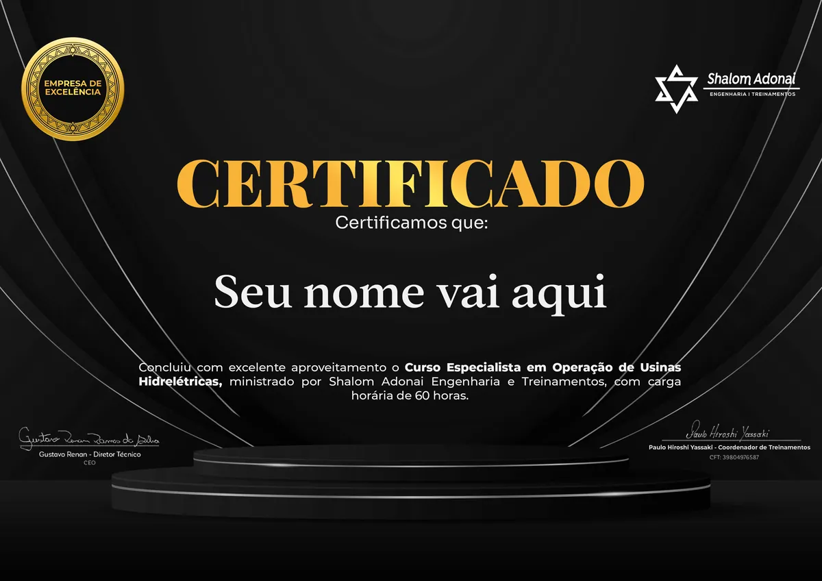 Certificado de conclusão do curso Curso Especialista em Operação de Usinas Hidrelétricas