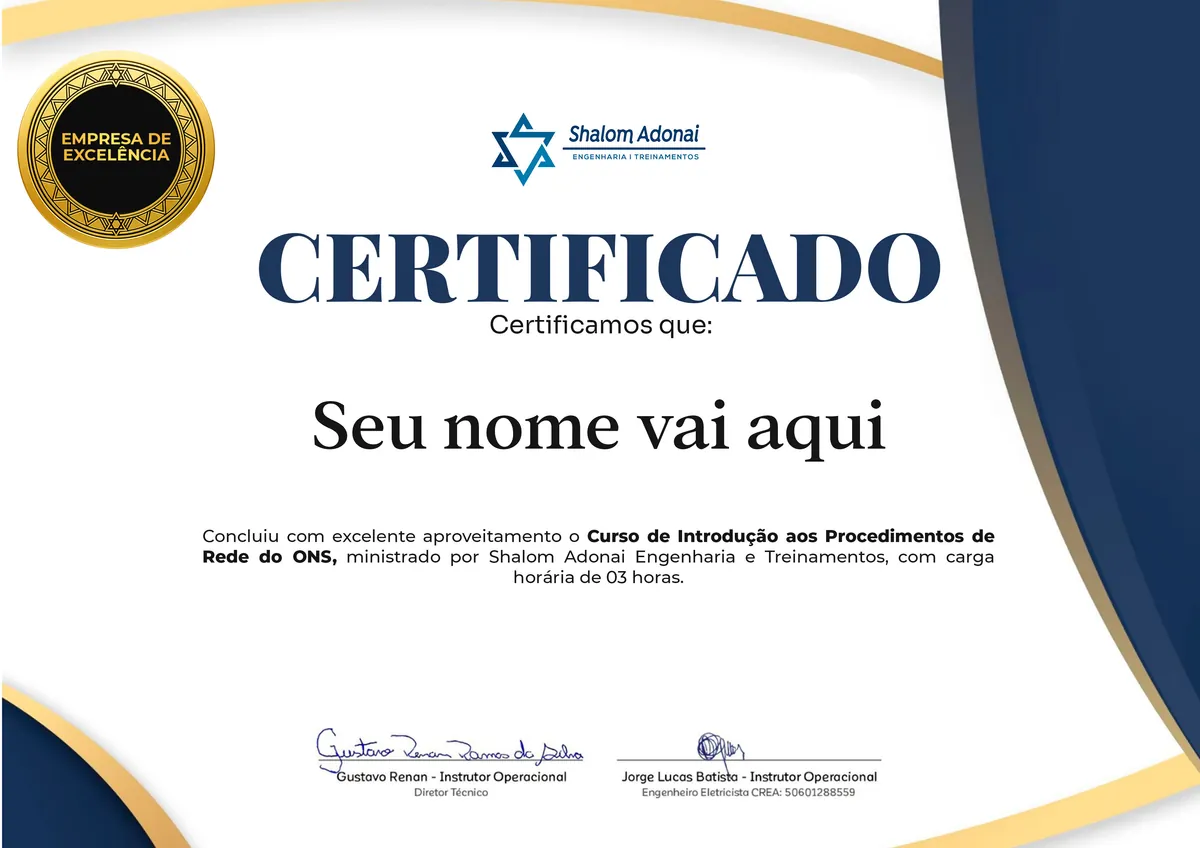 Certificado de conclusão do curso Curso de Introdução aos Procedimentos de Rede do ONS