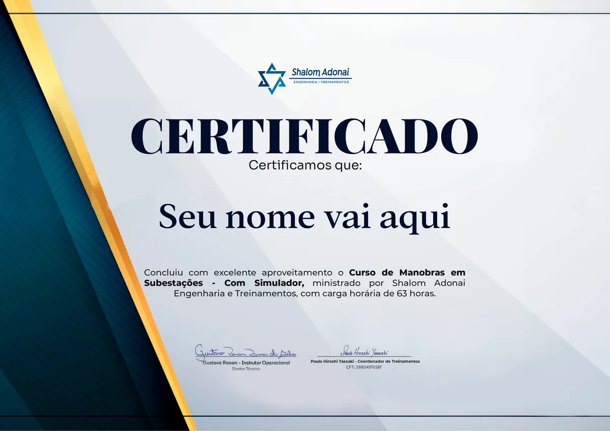 Certificado de conclusão do curso Curso de Manobras em Subestações – Com Simulador