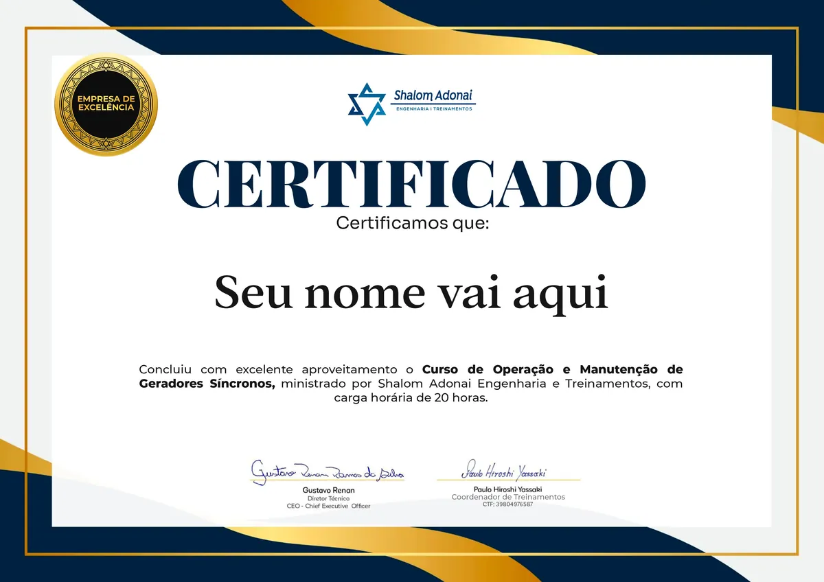 Certificado de conclusão do curso Curso de Operação e Manutenção de Geradores Síncronos