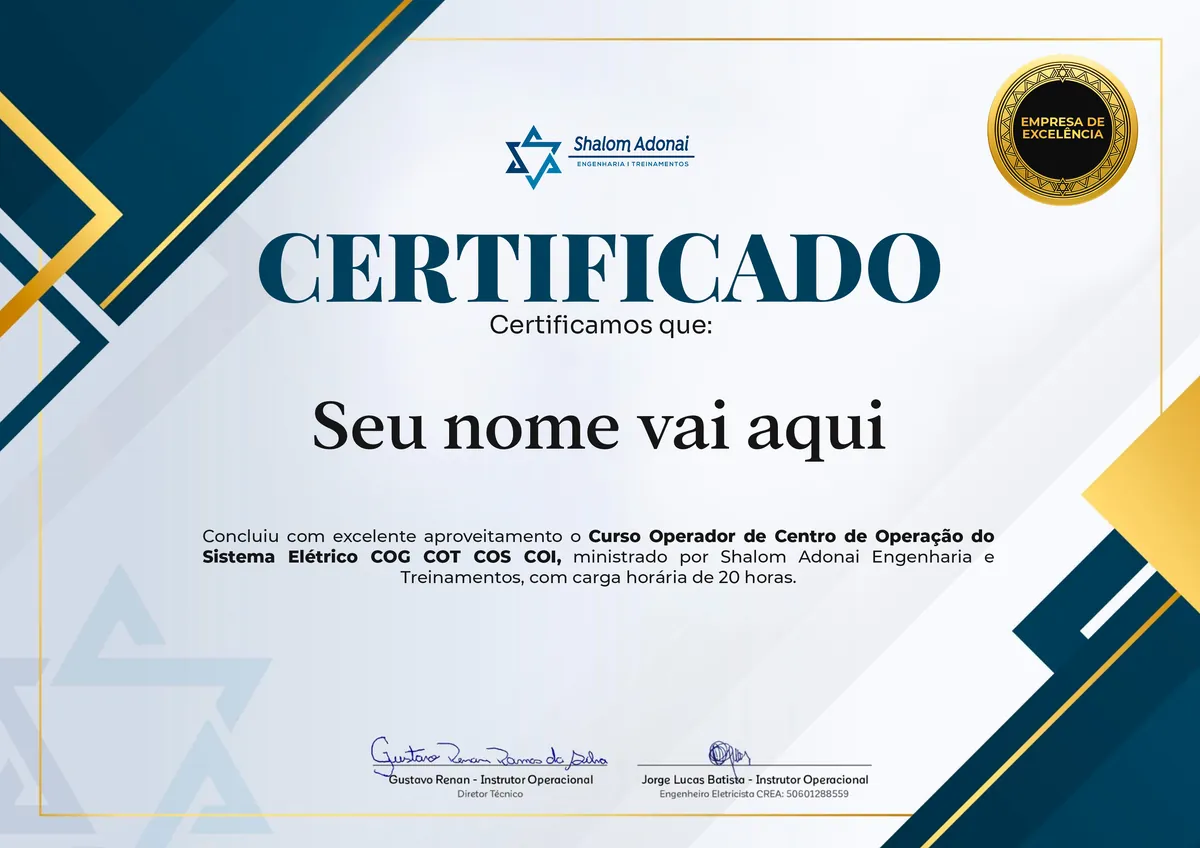 Certificado de conclusão do curso Curso Operador de Centro de Operação do Sistema Elétrico — COG, COT, COS e COI