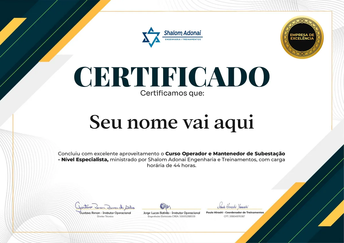 Certificado de conclusão do curso Curso Operador e Mantenedor de Subestações – Nível Especialista