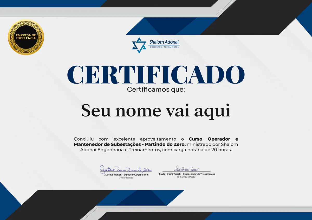 Certificado de conclusão do curso Curso Operador e Mantenedor de Subestações – Partindo do Zero