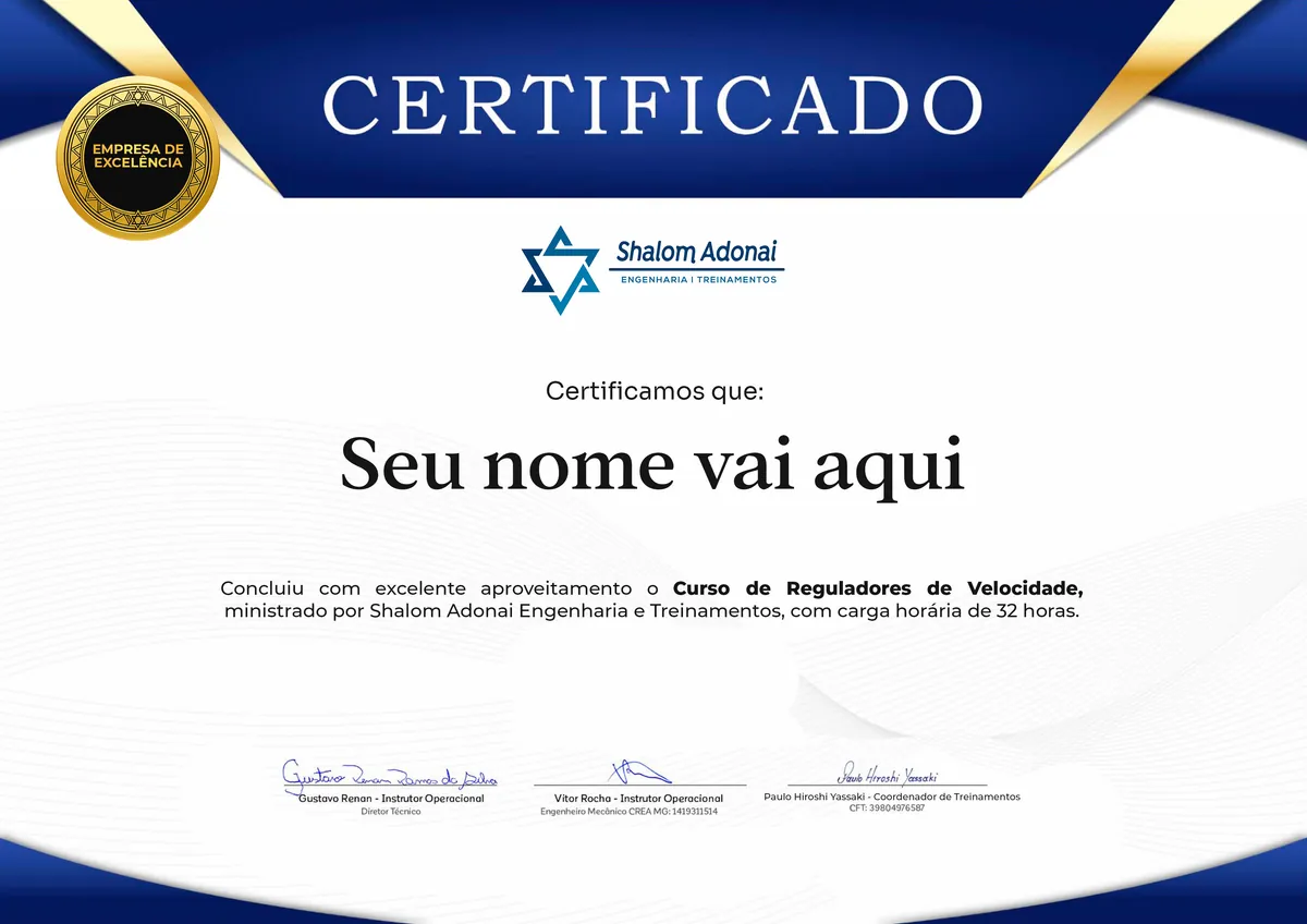 Certificado de conclusão do curso Curso Reguladores de Velocidade